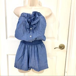 Papaya Clothing Chambray Ruffle Strapless Romper